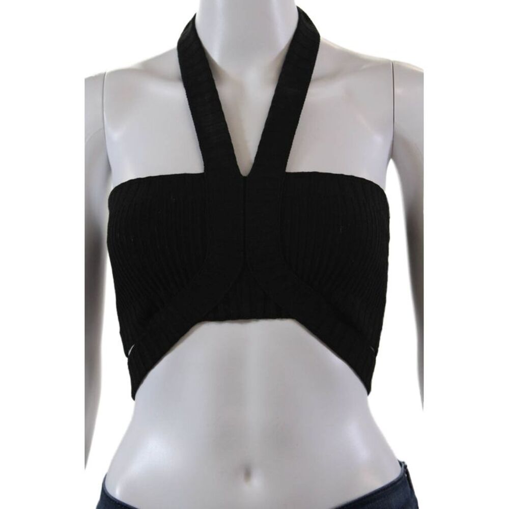 Adamo Womens Open Back Halter Ribbed Cut Out Crop Top Black Size Extra Small